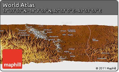 Physical Panoramic Map of the Area around 17° 50' 55" N, 43° 25' 29" E