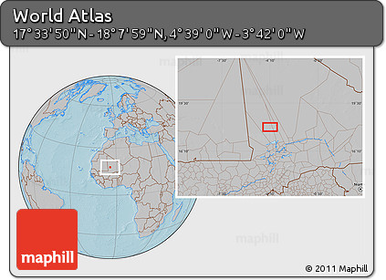 Gray Location Map of the Area around 17° 50' 55" N, 4° 10' 30" W, hill shading