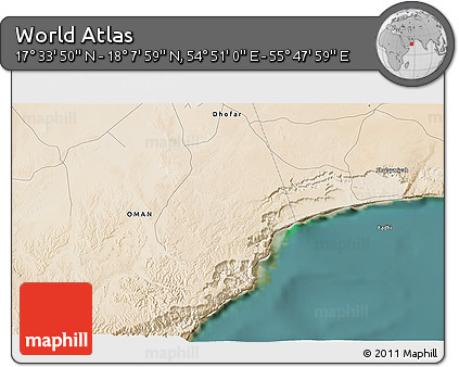 Satellite 3D Map of the Area around 17° 50' 55" N, 55° 19' 30" E
