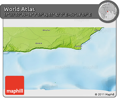 Physical 3D Map of the Area around 17° 50' 55" N, 56° 10' 29" E