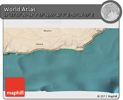 Satellite 3D Map of the Area around 17° 50' 55" N, 56° 10' 29" E