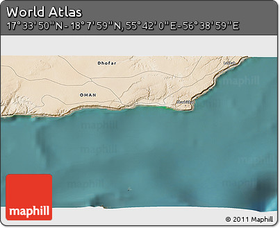 Satellite 3D Map of the Area around 17° 50' 55" N, 56° 10' 29" E