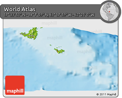 Physical 3D Map of the Area around 17° 50' 55" N, 62° 49' 30" W