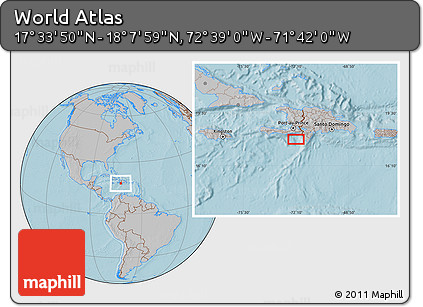 Gray Location Map of the Area around 17° 50' 55" N, 72° 10' 30" W, hill shading