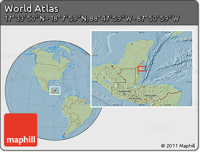 Savanna Style Location Map of the Area around 17° 50' 55" N, 88° 19' 29" W, hill shading