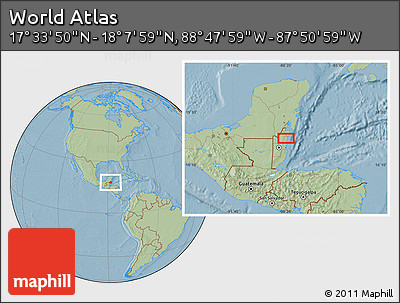 Savanna Style Location Map of the Area around 17° 50' 55" N, 88° 19' 29" W, hill shading