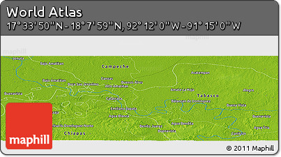 Physical Panoramic Map of the Area around 17° 50' 55" N, 91° 43' 29" W