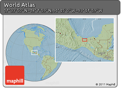 Savanna Style Location Map of the Area around 17° 50' 55" N, 94° 16' 30" W, hill shading