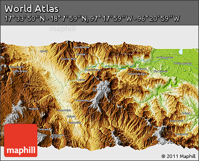 Physical 3D Map of the Area around 17° 50' 55" N, 96° 49' 29" W