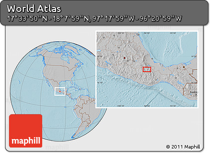 Gray Location Map of the Area around 17° 50' 55" N, 96° 49' 29" W, hill shading