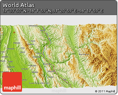 Physical 3D Map of the Area around 17° 50' 55" N, 97° 49' 29" E
