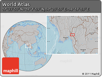 Gray Location Map of the Area around 17° 50' 55" N, 97° 49' 29" E, hill shading