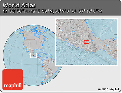 Gray Location Map of the Area around 17° 50' 55" N, 97° 40' 30" W, hill shading