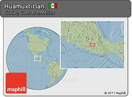 Savanna Style Location Map of Huamuxtitlán, hill shading