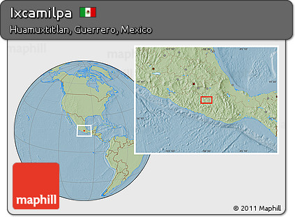 Savanna Style Location Map of Ixcamilpa, hill shading