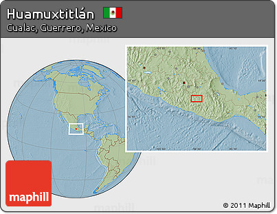 Savanna Style Location Map of Huamuxtitlán, hill shading