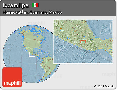 Savanna Style Location Map of Ixcamilpa, hill shading