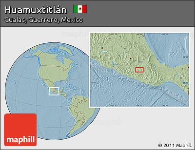 Savanna Style Location Map of Huamuxtitlán, hill shading