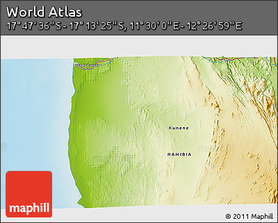 Physical 3D Map of the Area around 17° 30' 31" S, 11° 58' 29" E