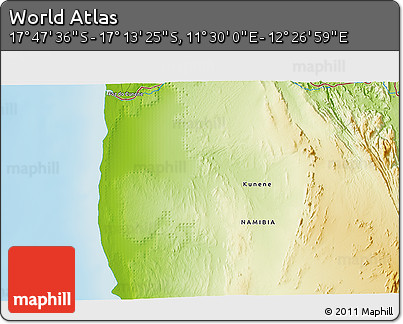 Physical 3D Map of the Area around 17° 30' 31" S, 11° 58' 29" E