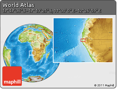 Physical Location Map of the Area around 17° 30' 31" S, 11° 58' 29" E