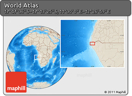 Shaded Relief Location Map of the Area around 17° 30' 31" S, 11° 58' 29" E