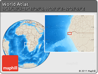 Shaded Relief Location Map of the Area around 17° 30' 31" S, 11° 58' 29" E