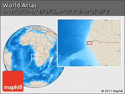 Shaded Relief Location Map of the Area around 17° 30' 31" S, 11° 58' 29" E