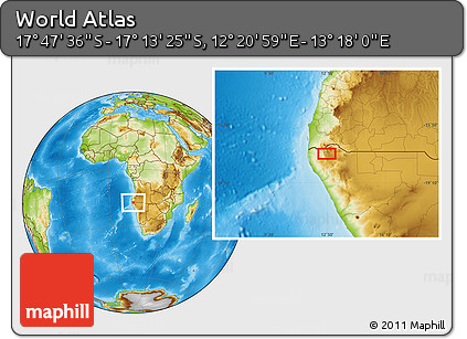 Physical Location Map of the Area around 17° 30' 31" S, 12° 49' 29" E