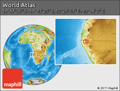Physical Location Map of the Area around 17° 30' 31" S, 12° 49' 29" E