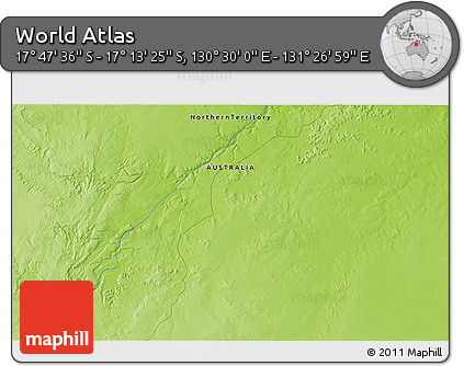 Physical 3D Map of the Area around 17° 30' 31" S, 130° 58' 29" E