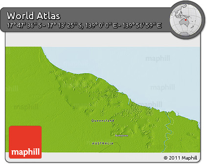 Physical 3D Map of the Area around 17° 30' 31" S, 139° 28' 29" E