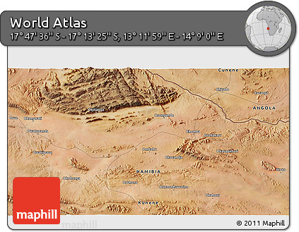 Satellite 3D Map of the Area around 17° 30' 31" S, 13° 40' 30" E