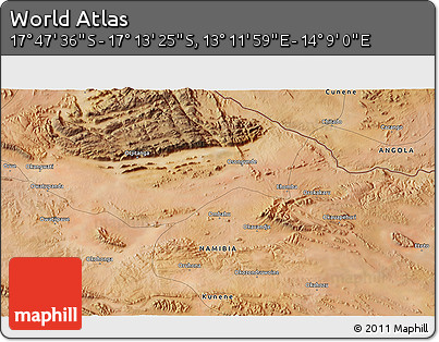 Satellite 3D Map of the Area around 17° 30' 31" S, 13° 40' 30" E