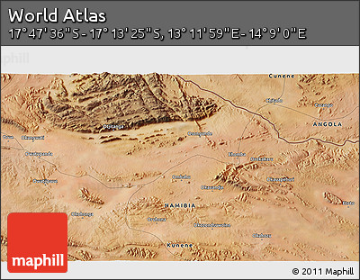 Satellite 3D Map of the Area around 17° 30' 31" S, 13° 40' 30" E
