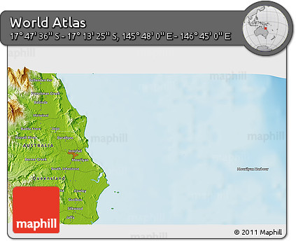 Physical 3D Map of the Area around 17° 30' 31" S, 146° 16' 30" E