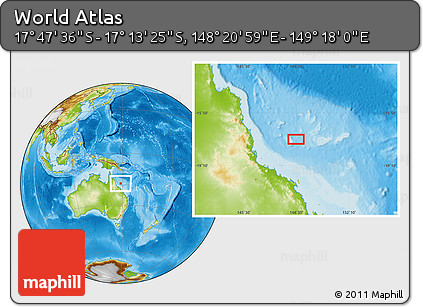 Physical Location Map of the Area around 17° 30' 31" S, 148° 49' 29" E