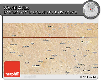 Satellite 3D Map of the Area around 17° 30' 31" S, 15° 22' 30" E