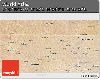 Satellite 3D Map of the Area around 17° 30' 31" S, 15° 22' 30" E