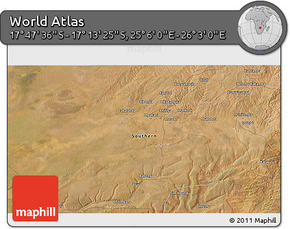 Satellite 3D Map of the Area around 17° 30' 31" S, 25° 34' 30" E