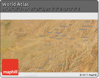 Satellite 3D Map of the Area around 17° 30' 31" S, 25° 34' 30" E