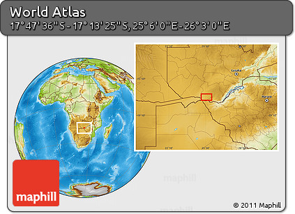 Physical Location Map of the Area around 17° 30' 31" S, 25° 34' 30" E