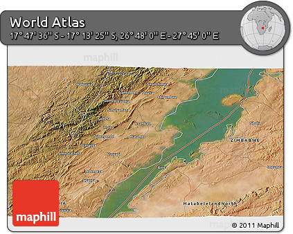 Satellite 3D Map of the Area around 17° 30' 31" S, 27° 16' 29" E