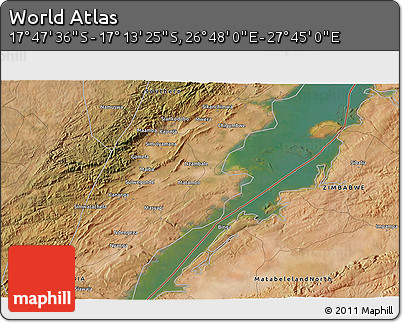 Satellite 3D Map of the Area around 17° 30' 31" S, 27° 16' 29" E