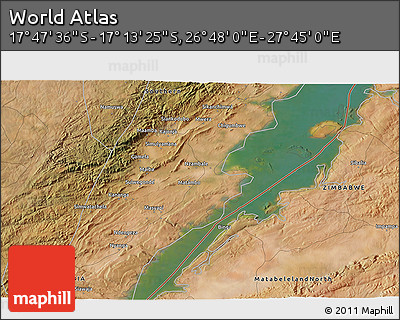Satellite 3D Map of the Area around 17° 30' 31" S, 27° 16' 29" E