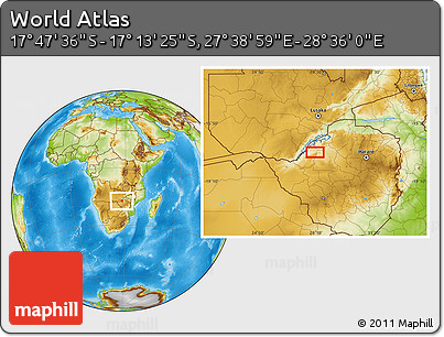 Physical Location Map of the Area around 17° 30' 31" S, 28° 7' 30" E