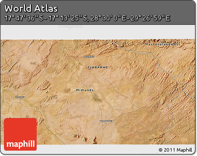 Satellite 3D Map of the Area around 17° 30' 31" S, 28° 58' 30" E