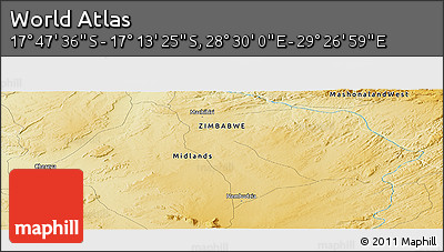 Physical Panoramic Map of the Area around 17° 30' 31" S, 28° 58' 30" E