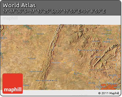 Satellite 3D Map of the Area around 17° 30' 31" S, 30° 40' 29" E