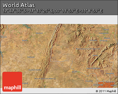 Satellite 3D Map of the Area around 17° 30' 31" S, 30° 40' 29" E